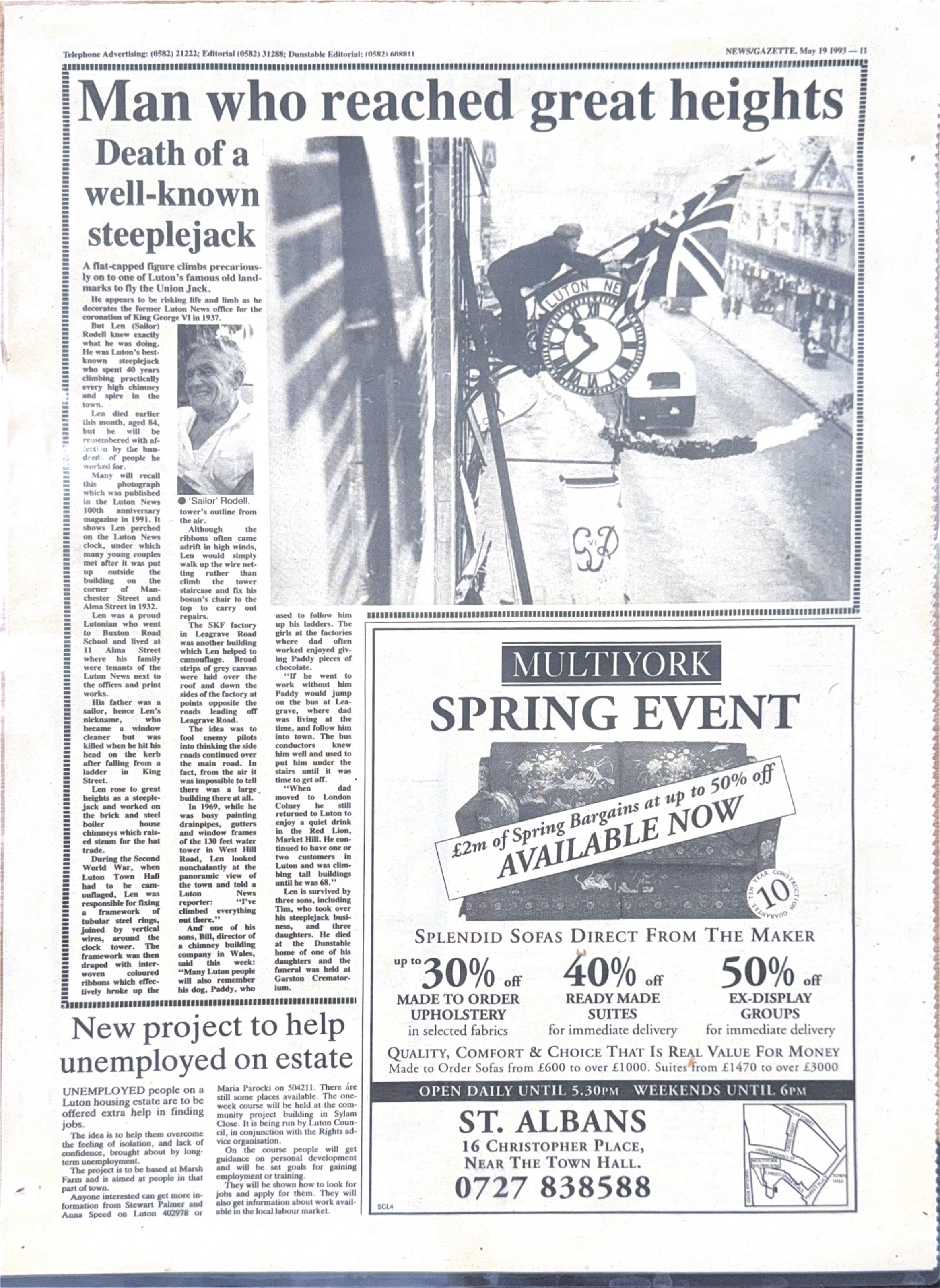 Scanned 1993 Luton News & Gazette article titled 'Man who reached great heights — Death of a well-known steeplejack', featuring a photograph of Len 'Sailor' Rodell on the Luton News clock tower.